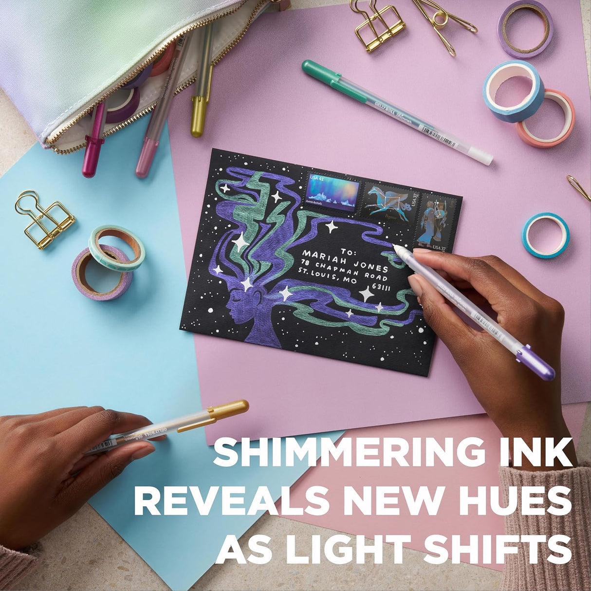 Shimmer’s color-shift gel ink transforms at different angles, revealing new hues as light shifts.
This dynamic ink writes beautifully on white & dark paper, comes in bold tip size, and delivers Gelly Roll® ‘s signature smooth writing every time. Perfect to add a magical twist to card making, scrapbooks, journals, notes, crafts and more!
Experience our mesmerizing GELLY ROLL® SHIMMER ink in 6 multidimensional shades: Copper, Pink, Fresh Green, Aqua Green, Purple, Red Violet.
