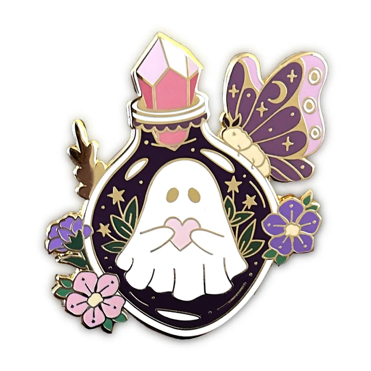 Keep this lucky ghost full of love and their moth friend with you wherever you go.
✦ Hard enamel
✦ Shiny gold metal
✦ 2 inches
✦ 2 Posts for extra security
✦ Rubber backings
✦ Back stamped for authenticity
Comes packaged on a backing card.