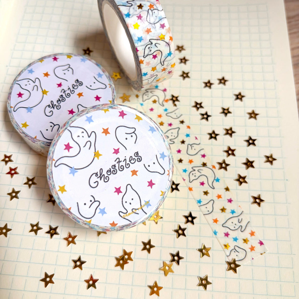 Add some color to your journal and crafts with this cute gold foiled ghostie washi tape designed by Veronica!
Perfect for crafts, journaling, snail mail, and more.
Size: 15mm x 10m