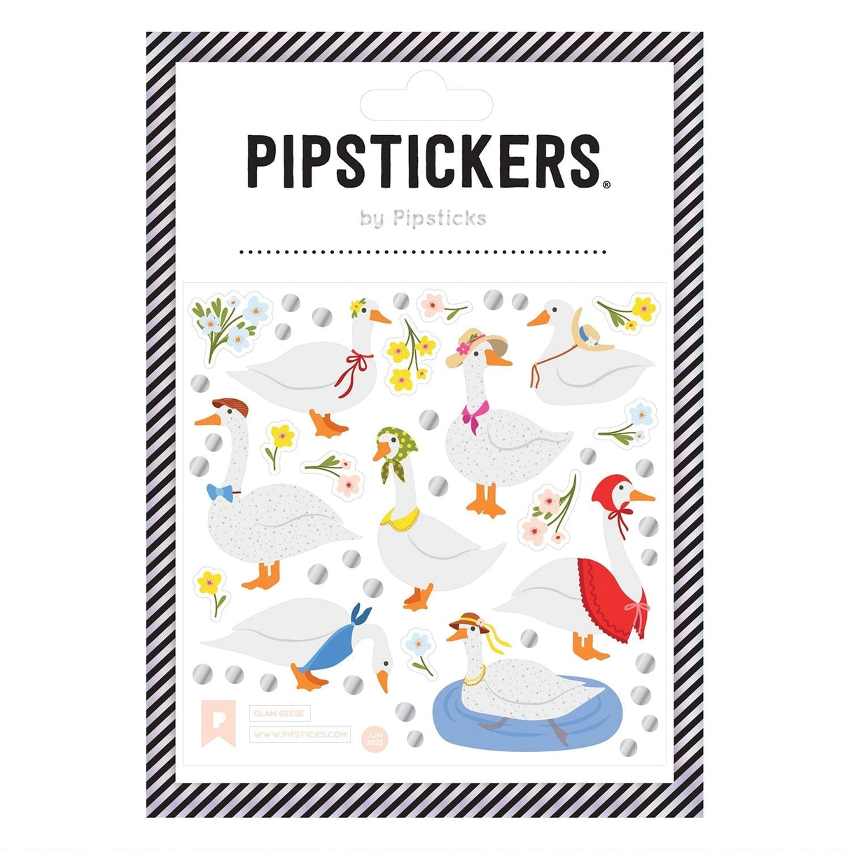 PipStickers are the PERFECT gift for the sticker lover in your life - even if it's you! These unique PVC designs with silver foil accents come on a clear backing and cannot be found anywhere else.
Includes one 4" x 4" sheet of Glam Geese PipStickers and includes the Pipsticks manifesto.