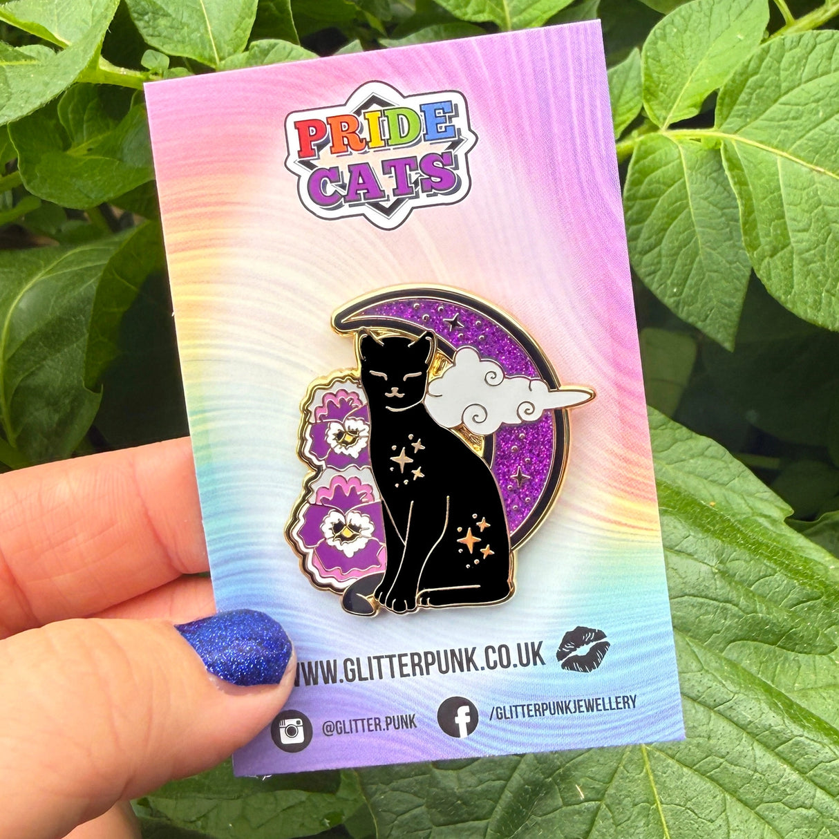 Celebrate your Pride with this fabulous Pansies Cat pin!
It features a black cat in front of a sparkly purple moon, next to some pansies in the black, grey, white & purple colours of the Ace Pride flag.
Each pin has a pair of heart shaped rubber pin backs, and is presented on a Pride themed Glitter Punk backing card. This pin is part of my Pride Cats collection, a 10-part set of enamel pins celebrating pride!
Measurements: 39mm (1.53”)
