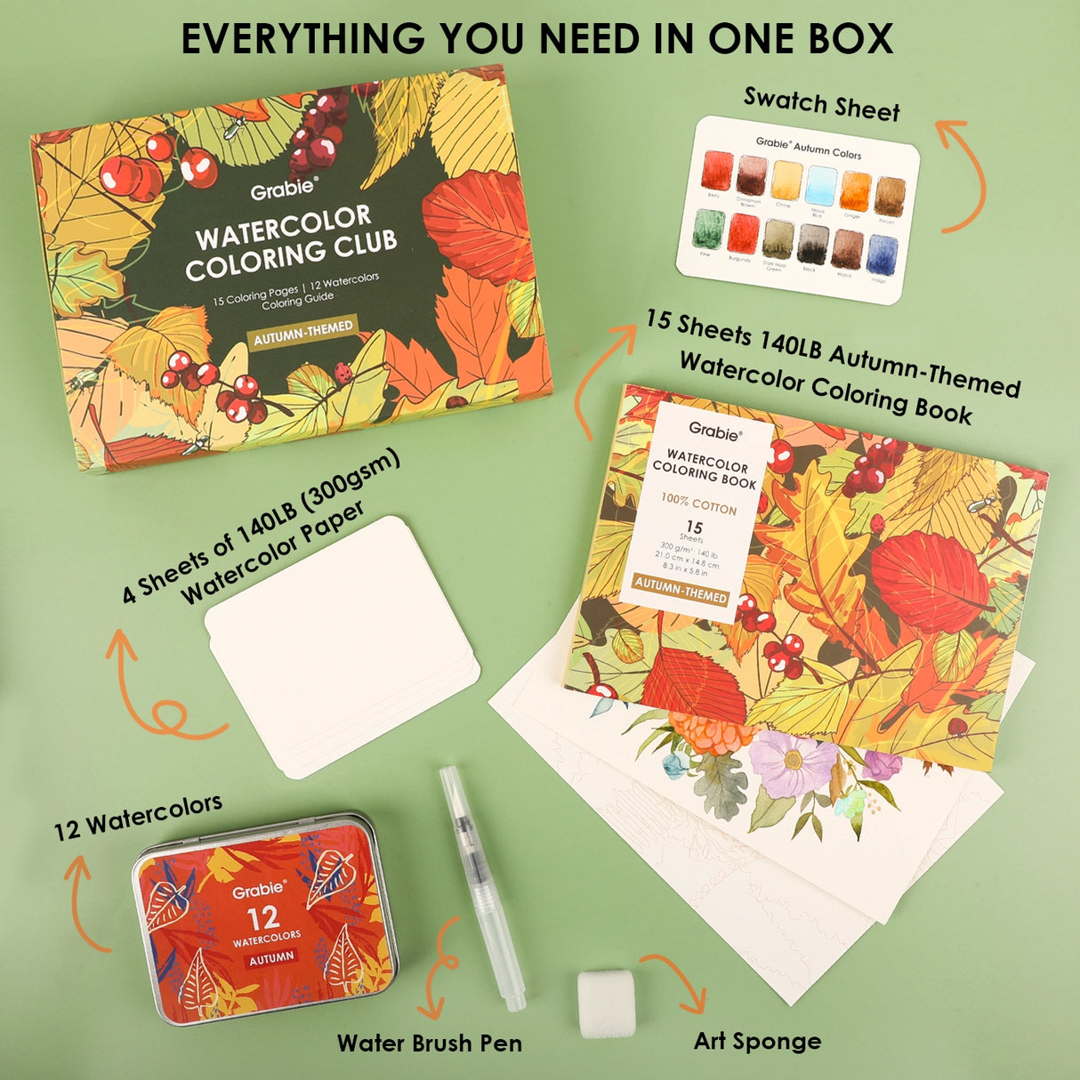 Introducing the "Autumn-Themed Watercolor Coloring Club Box," a charming set for all ages. It includes a 12-color watercolor pocket set inspired by fall and a 15-sheet coloring pad—perfect for capturing the season’s warmth.
Capture Autumn's Beauty - Celebrate autumn with 12 carefully selected shades inspired by the season. The included 15-sheet coloring pad gives you the ideal surface to explore rich tones and seasonal charm in every brushstroke.
Premium Paper & Coloring Guide - Scan the QR code for a fre
