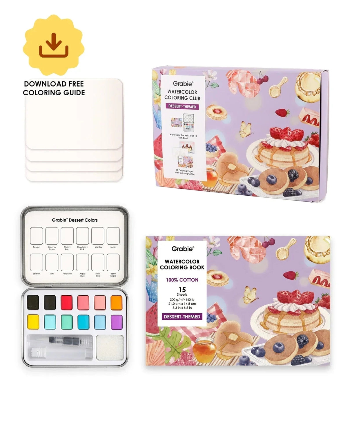 INDULGE YOUR CREATIVITY
Treat yourself to the sweetest watercolor adventure and build a colorful haven for your imagination. This delightful bundle comes with our custom 12-color Dessert palette and a whimsical coloring book featuring 15 pages of mouth-watering treats—from stacked pancakes and boba tea to elegant tiered cakes and delicate macarons. Bring these cozy, bakery-inspired scenes to life and watch your skills flourish!
A SWEET SETTING FOR CREATIVE ARTISTS
Embark on a delicious creative journey wit