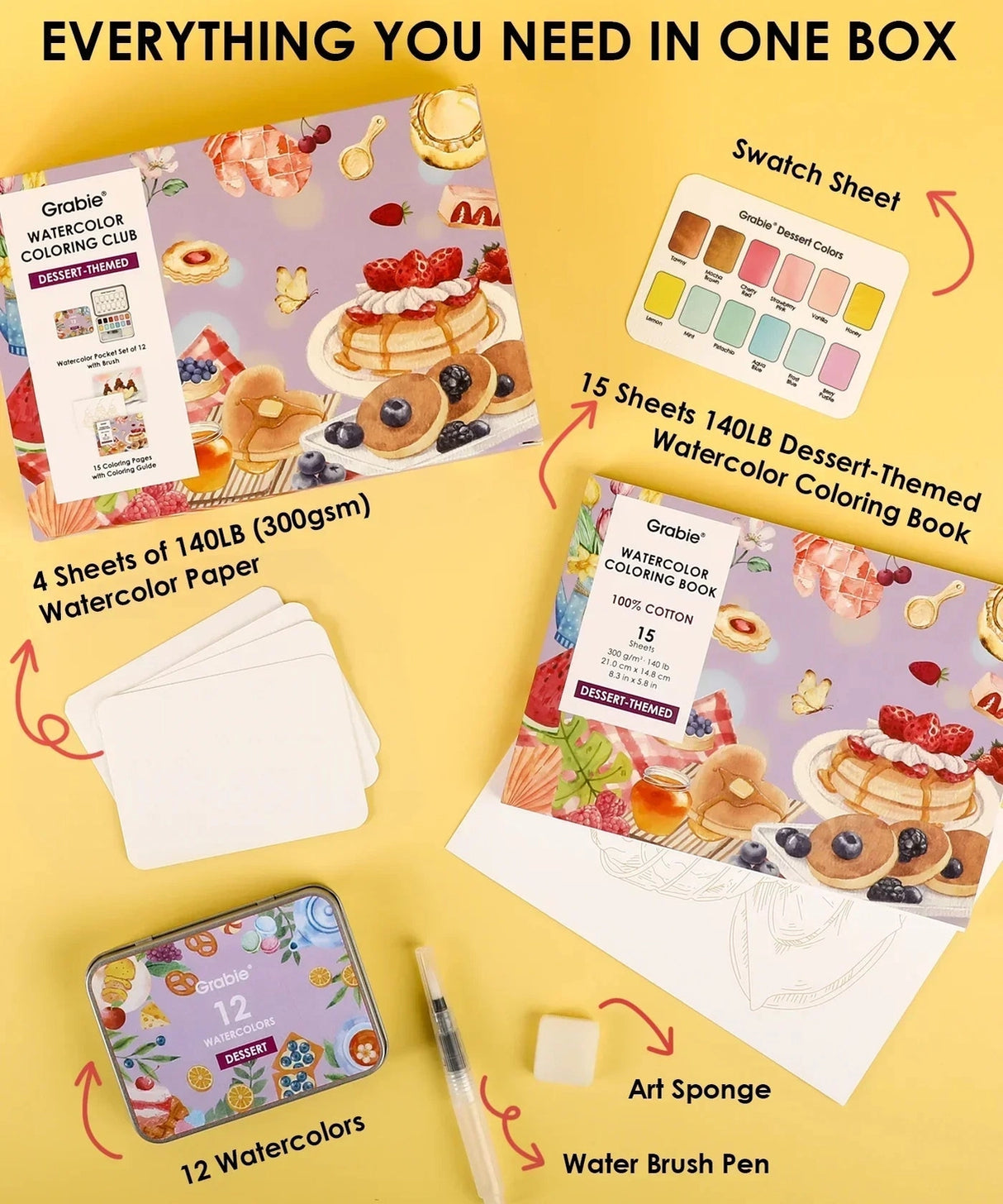 INDULGE YOUR CREATIVITY
Treat yourself to the sweetest watercolor adventure and build a colorful haven for your imagination. This delightful bundle comes with our custom 12-color Dessert palette and a whimsical coloring book featuring 15 pages of mouth-watering treats—from stacked pancakes and boba tea to elegant tiered cakes and delicate macarons. Bring these cozy, bakery-inspired scenes to life and watch your skills flourish!
A SWEET SETTING FOR CREATIVE ARTISTS
Embark on a delicious creative journey wit
