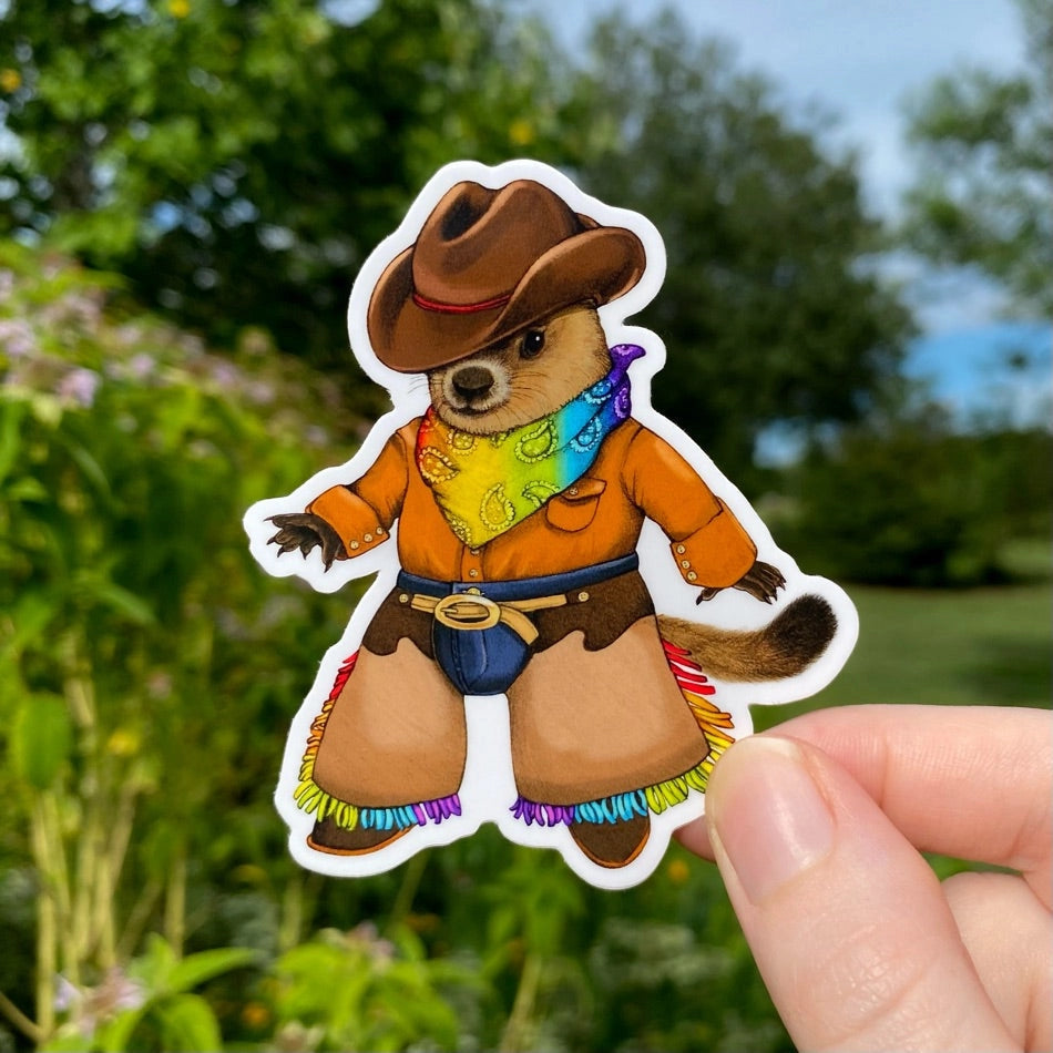 This sticker features my illustration of a groundhog cowhand showing off their rainbow bandana and rainbow-fringed chaps. The steely glint in their eye lets you know that they mean business about supporting queer folx!
This die-cut gloss vinyl sticker is durable, weatherproof, and perfect for water bottles, notebooks, laptops, bikes, and all sorts of other surfaces! Make sure to clean and dry the surface thoroughly before applying.