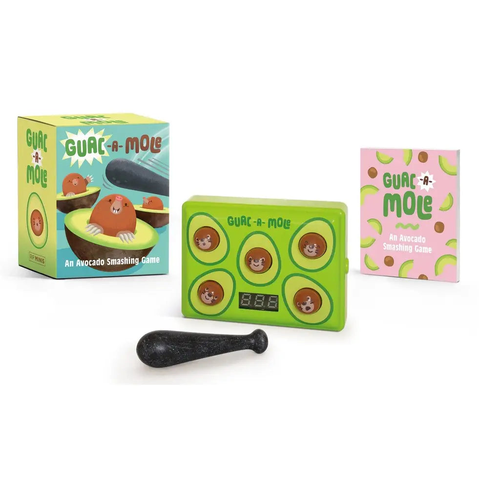 Guac-a-Mole is the perfectly portable whacking game! Race to bop the avocado-moles (aka guac-a-moles) when they light up before time runs out.
Specifications:
Mini game measures approx. 2-3/4 x 3-3/4 inches, featuring light and sound effects
Portable: Small size allows for some guac-a-mole bopping fun anytime, anywhere
Miniature book: Includes a companion mini book with full-color illustrations
Perfect gift: Makes a great gift item for fans of guacamole and/or Whac-a-Mole
Requires two AAA batteries (not i