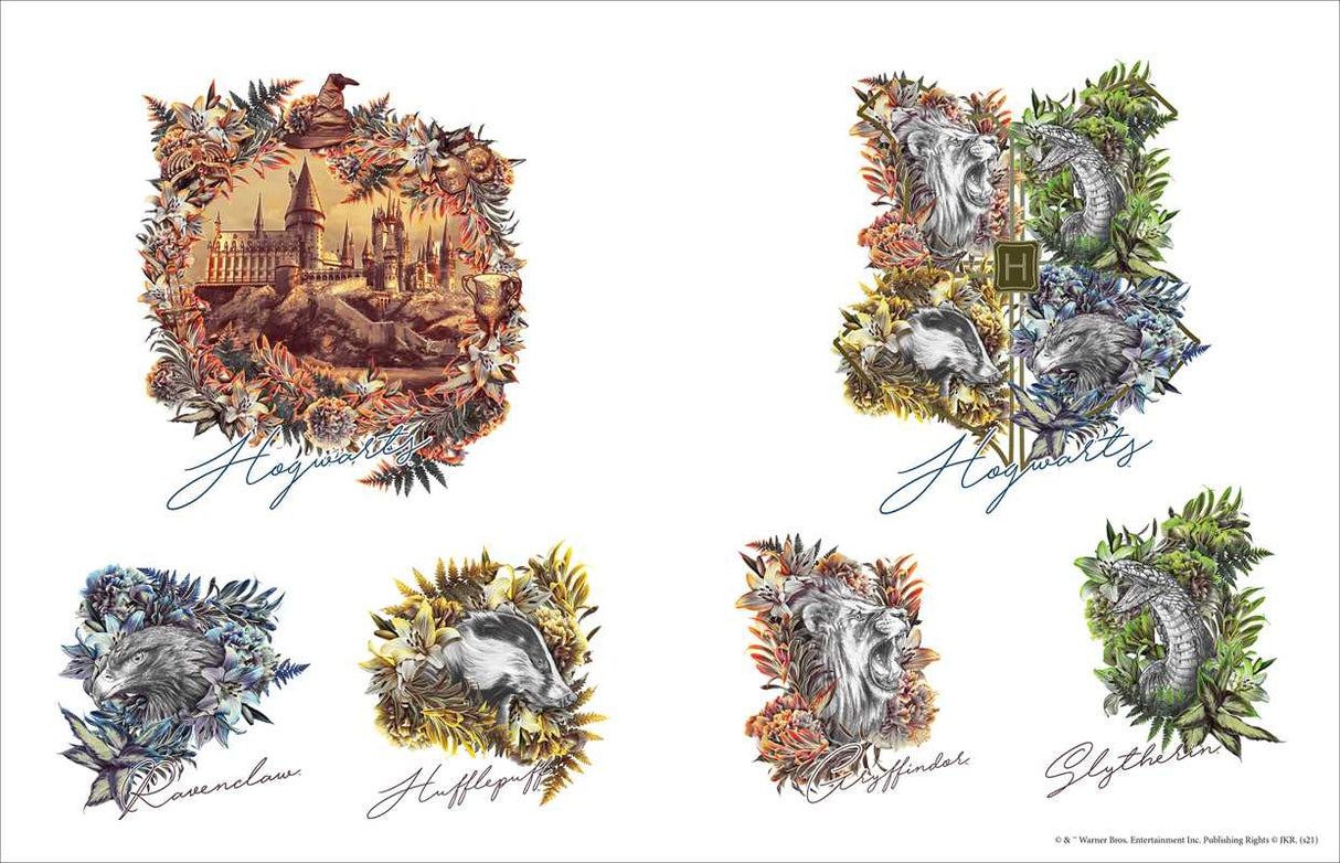 This keepsake book includes more than 934 full-color stickers and showcases unique art inspired by the Harry Potter films.
Create magical decorations and designs with the more than 934 stickers in this collectible book that features Harry Potter film-inspired art! Along with stickers of house crests and banners, Patronus guardians, fantastic beasts, Quidditch equipment, the Yule Ball, images from Diagon Alley—including Weasleys’ Wizard Wheezes and Ollivanders Wand Shop.
