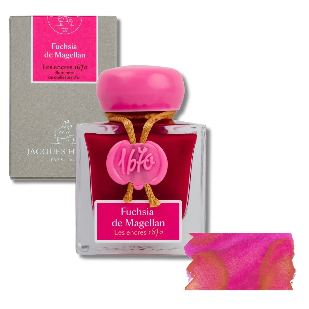 The 1670 Anniversary Collection celebrates the life of the 17th-century French adventurer, Jacques Herbin. Sailing from India, Monsieur Herbin arrived home to Paris with formulas for the now-famous Herbin inks and sealing waxes.
Enhanced with a luxurious, golden metallic sheen, these highly saturated inks will add an elegant luster to all your writing.
Hand bottled with wax-dipped cap and seal.
50ml bottle.
Made in Paris.