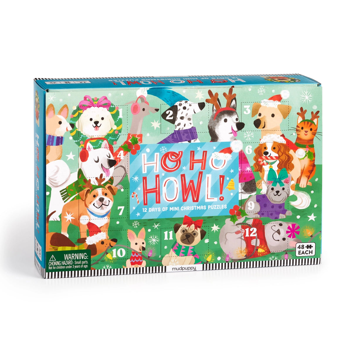 COUNTDOWN PUZZLE β Countdown the 12 days of Christmas with our Ho Ho Howl Countdown Puzzle Set. Open the cover flap to find 12 perforated windows, each with a 48-piece mini puzzle inside. A double-sided insert provides an image reference for each mini puzzle.
BRIGHT AND BOLD ARTWORK β This Ho Ho Howl Countdown Puzzle features the cutest dogs partaking in Christmas customs like sledding, building a gingerbread house and of course drinking hot chocolate!