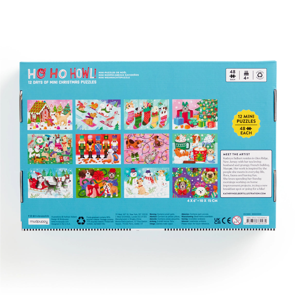 COUNTDOWN PUZZLE β Countdown the 12 days of Christmas with our Ho Ho Howl Countdown Puzzle Set. Open the cover flap to find 12 perforated windows, each with a 48-piece mini puzzle inside. A double-sided insert provides an image reference for each mini puzzle.
BRIGHT AND BOLD ARTWORK β This Ho Ho Howl Countdown Puzzle features the cutest dogs partaking in Christmas customs like sledding, building a gingerbread house and of course drinking hot chocolate!