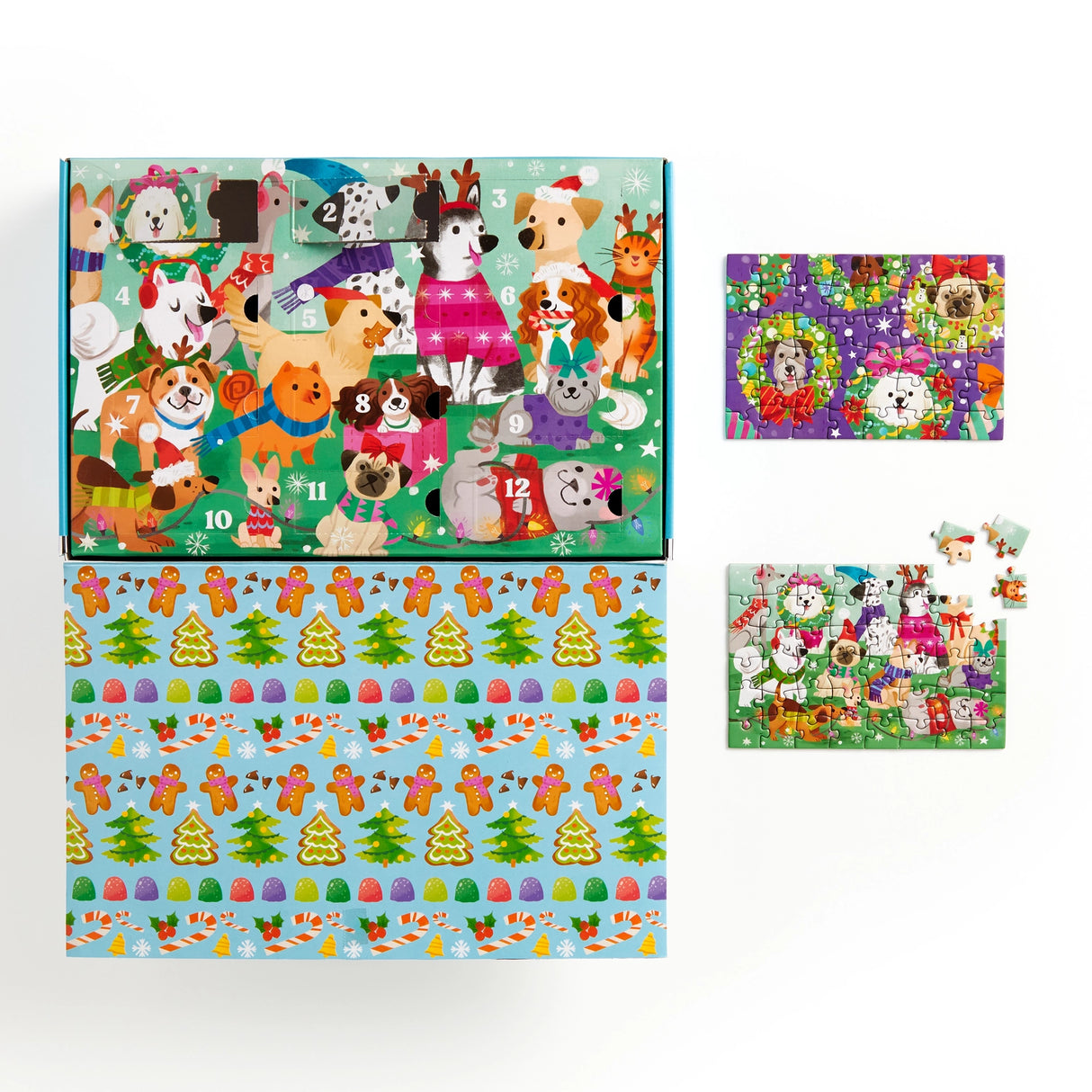 COUNTDOWN PUZZLE β Countdown the 12 days of Christmas with our Ho Ho Howl Countdown Puzzle Set. Open the cover flap to find 12 perforated windows, each with a 48-piece mini puzzle inside. A double-sided insert provides an image reference for each mini puzzle.
BRIGHT AND BOLD ARTWORK β This Ho Ho Howl Countdown Puzzle features the cutest dogs partaking in Christmas customs like sledding, building a gingerbread house and of course drinking hot chocolate!