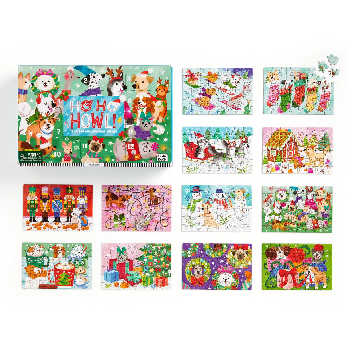 COUNTDOWN PUZZLE β Countdown the 12 days of Christmas with our Ho Ho Howl Countdown Puzzle Set. Open the cover flap to find 12 perforated windows, each with a 48-piece mini puzzle inside. A double-sided insert provides an image reference for each mini puzzle.
BRIGHT AND BOLD ARTWORK β This Ho Ho Howl Countdown Puzzle features the cutest dogs partaking in Christmas customs like sledding, building a gingerbread house and of course drinking hot chocolate!