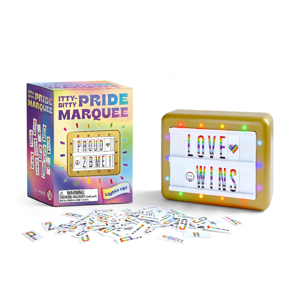 Display your pride every day of the year!
This celebratory kit includes:
Mini light-up sign: Includes a high-quality, gold-plated framed 3-1/3 x 2-2/3-inch customizable marquee sign
Rainbow lights: Features multi-colored lights with 4 changeable modes: steady, twinkle, slow fade, and chasing
Pride Flag-Colored Tiles: 100 PVC tiles include a colorful assortment of letters, numbers, characters, and symbols
Display anywhere: Fits nicely on desks, countertops, mantles, and also includes adherable magnets for