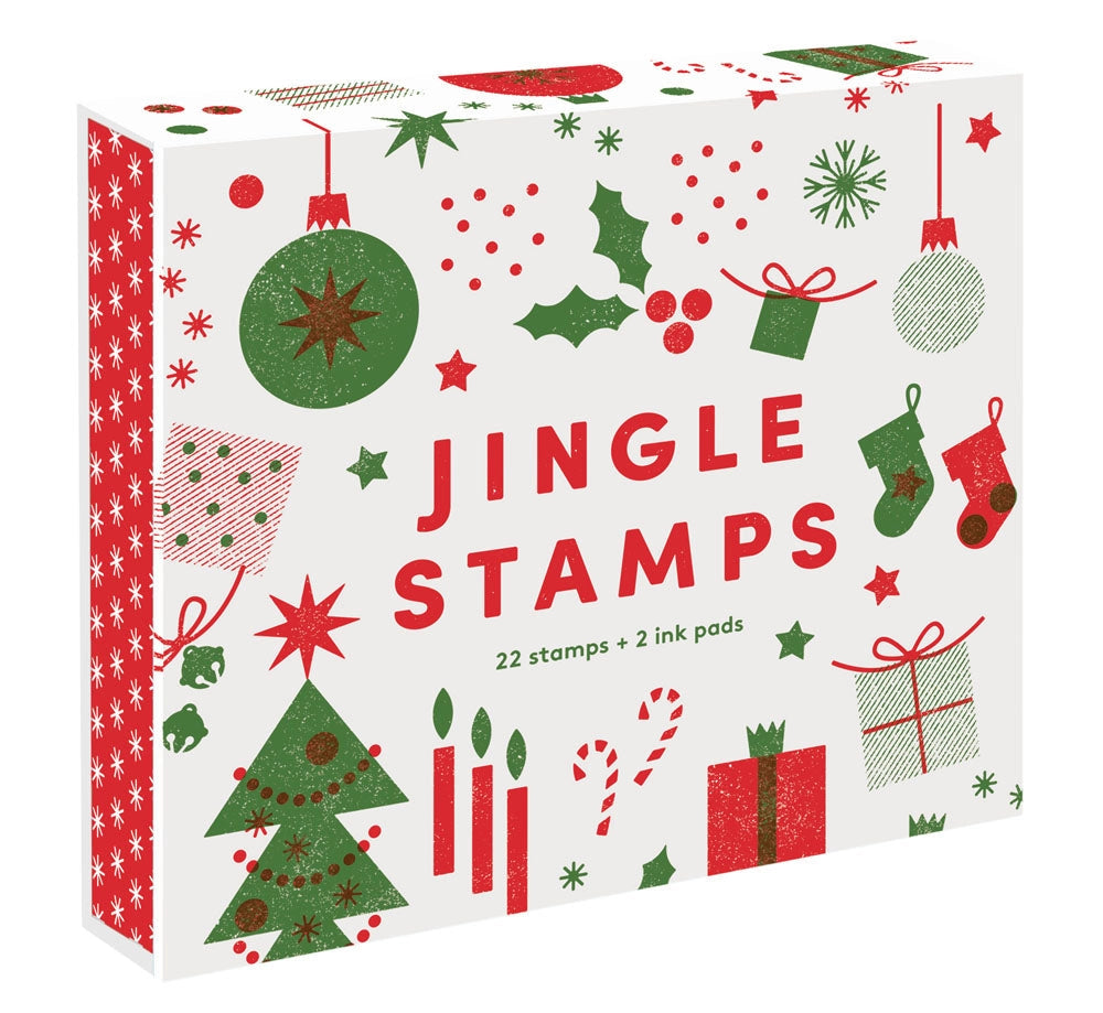 Jingle Stamps Set
A Christmas-themed mix-and-match rubber stamp set for adults to create endless festive combinations.
Jingle Stamps is a jolly collection of twenty-two shapes and textures waiting to be mixed and matched into any festive Christmas scene you can dream up. Triangles become santa hats or, when stacked vertically, evergreen trees. Dots and squares become wrapped gifts. The pieces of a candle can be repurposed into a decorative ornament. An assortment of shapes and textures offer infinite comb