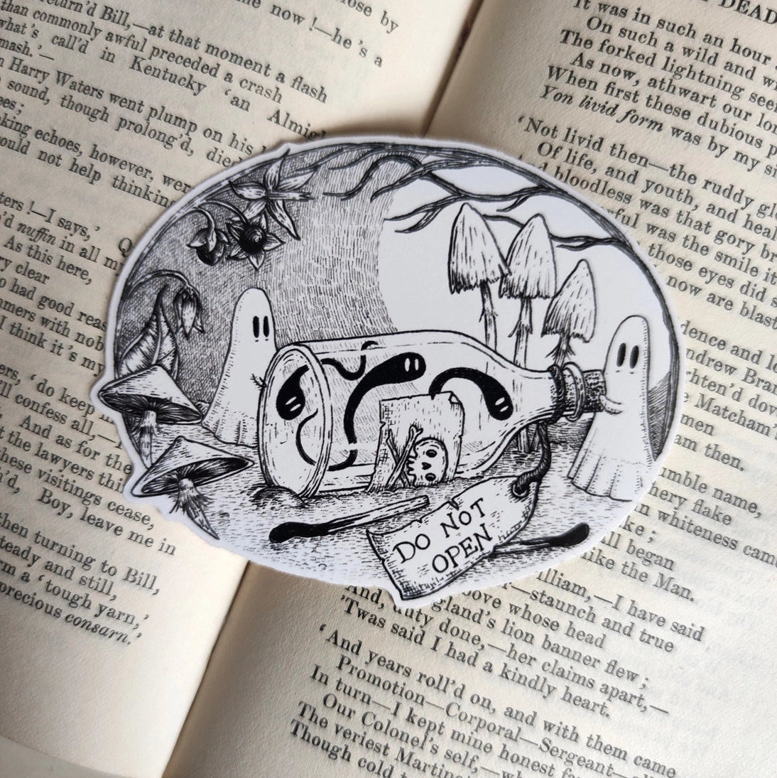 Two mischievous ghosties up to no good, and printed on a sticker to add some spooky charm to your laptop, water bottle, or any other surface. From my original pen and ink artwork.