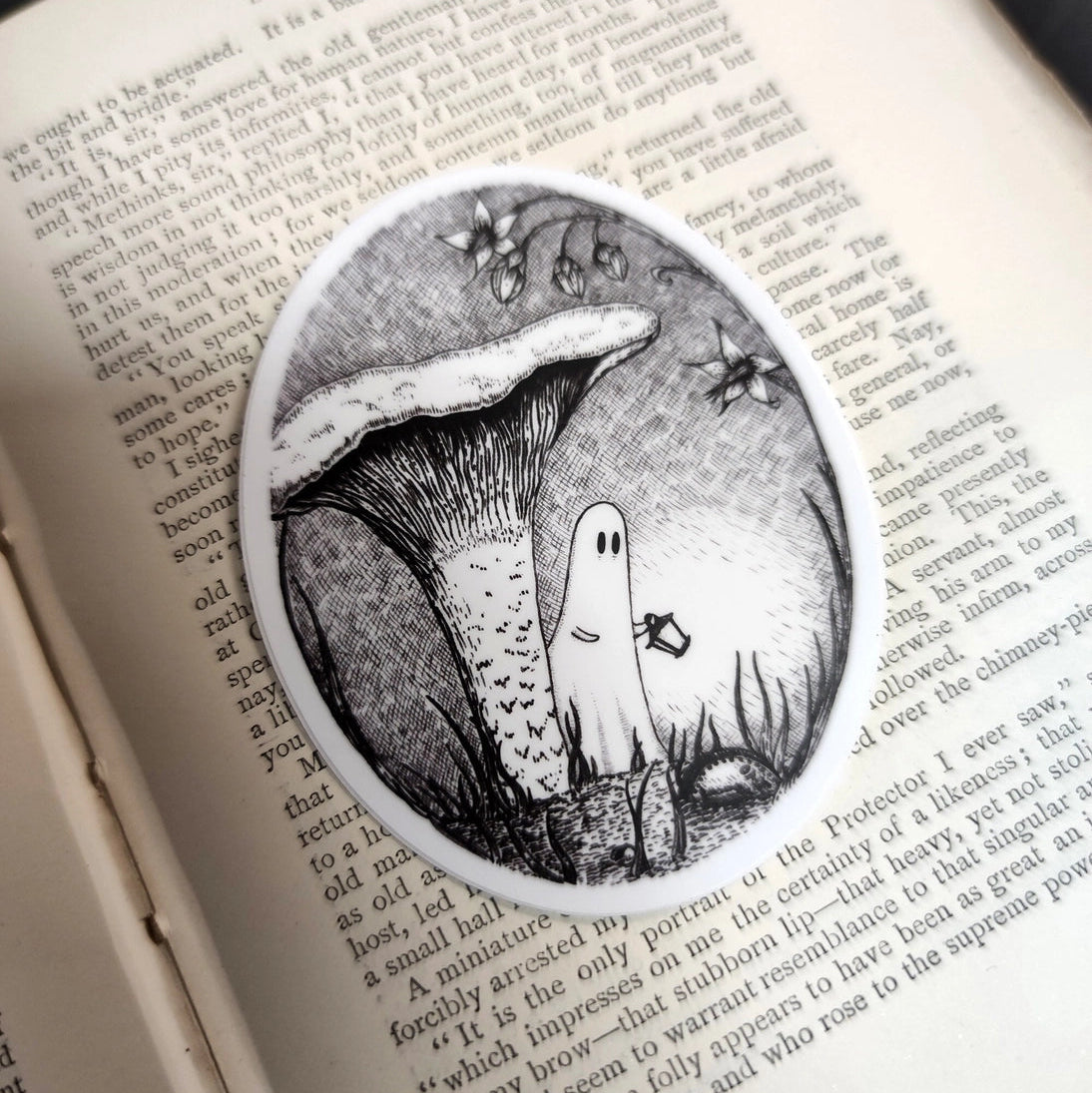 A little ghost creeping through the undergrowth, to add some spooky charm to your laptop, water bottle, or any other surface, from original pen and ink artwork by Jon Turner.