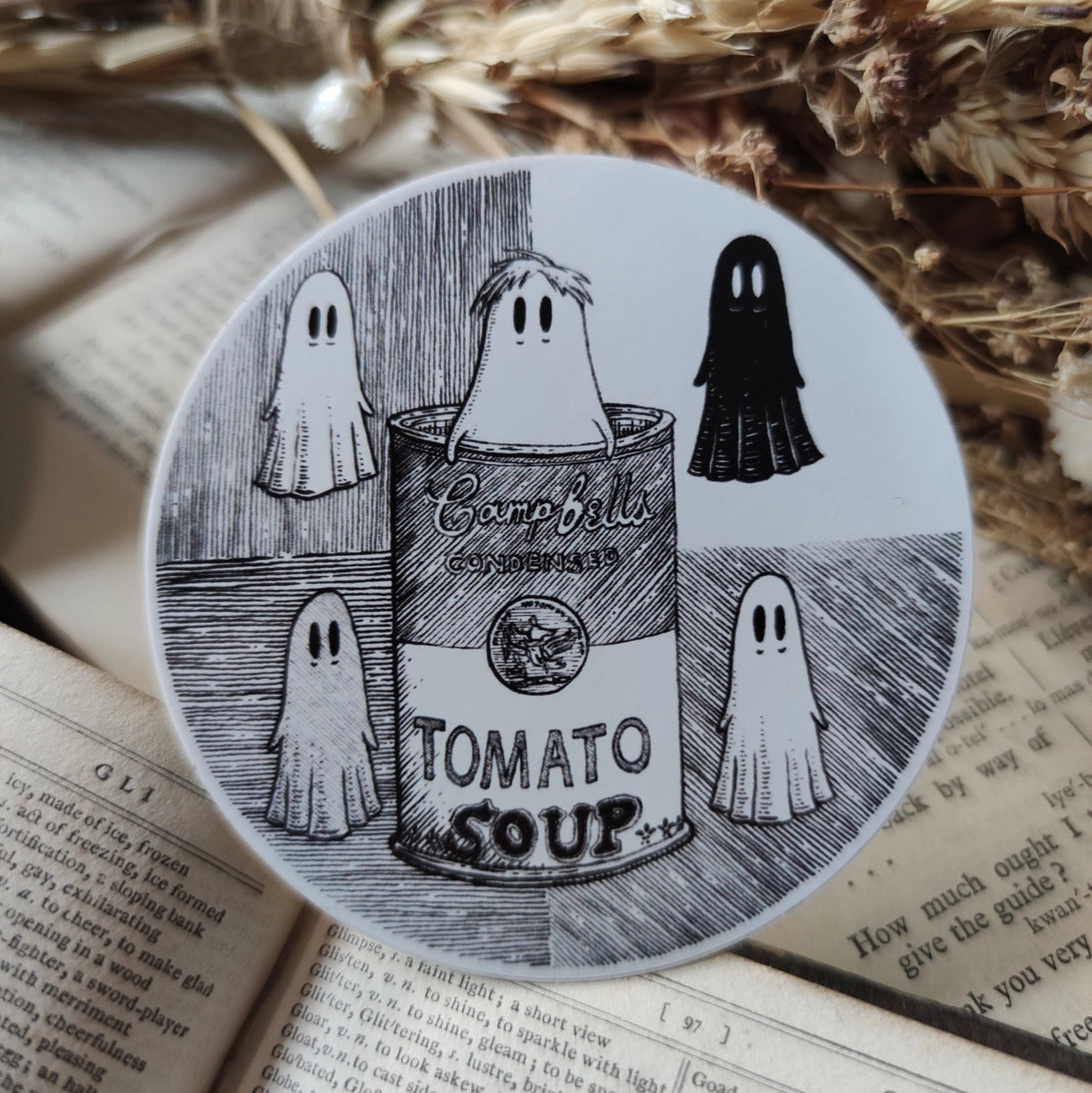 Five little pop-art ghosties and a soup can, inspired by Andy Warhol, from an original ink drawing by Jon Turner.