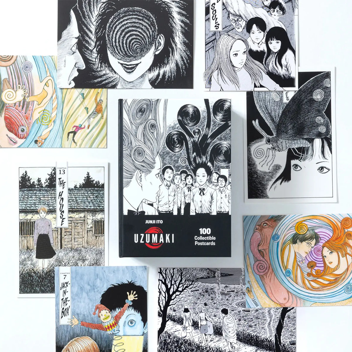 Spiral into horror with this deluxe, officially licensed set of 100 collectible postcards from legendary manga author Junji Ito. Each high-quality print showcases iconic artwork from Uzumaki, his bestselling manga series about a town cursed by spirals.
A four-time Eisner Award winner and New York Times bestselling author, Junji Ito has inspired generations of readers and creators with his legendary works of cosmic horror.