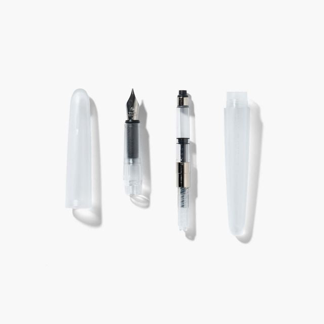 A pen that evokes the texture of frosted glass. Its translucency reveals the internal mechanism as an aesthetic feature. Careful consideration of form and colour palette ensures an elegant presence, even when not in use.
The pen is equipped with thoughtful functionality, including an extended grip section and a screw cap designed for quick access with minimal turns. The visible ink level allows for easy refills.
Available in a Fine and Medium nib
Includes converter
Steel nib