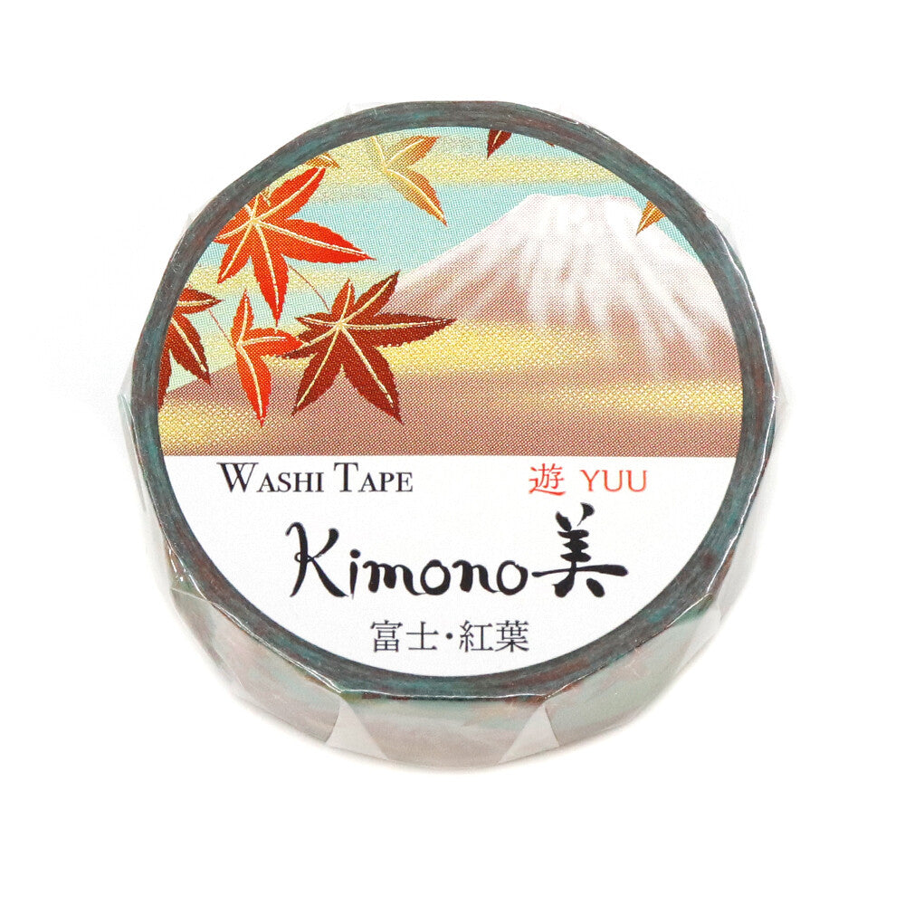Washi tape with Japanese design featuring Mount Fuji and red leaves on a white background.