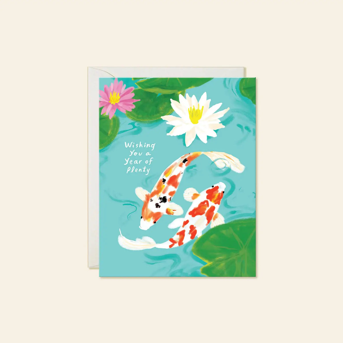 Karen Schipper Greeting Card - Koi Fish
Two koi swimming through lily pads and water flowers make this design feel peaceful, hopeful, and full of meaning. This hand-illustrated Koi Fish New Year card features orange-and-white koi in a turquoise pond with the front message “Wishing You a Year of plenty,” creating a thoughtful card for sending good luck, prosperity, and warm wishes.
A2 folded card, 4.25" W × 5.5" L
Printed in full color on FSC® certified white cover paper
Blank interior
Single greeting card