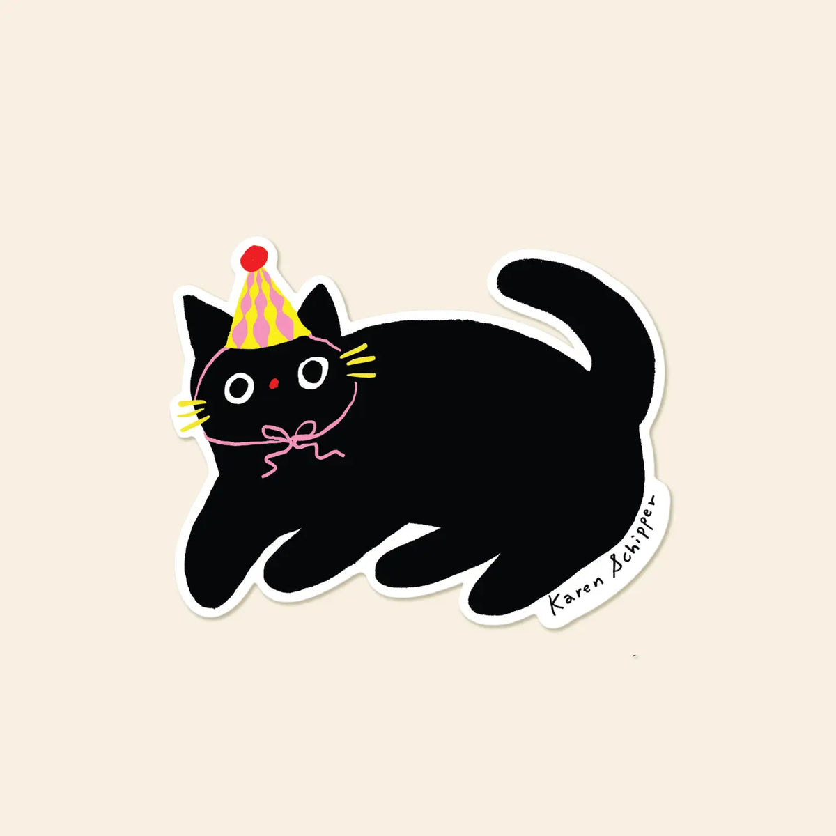 Karen Schipper Vinyl Sticker - Party Cat
Some stickers just make people smile instantly. Party Cat Sticker features a wide-eyed black cat in a striped party hat with a pink bow, making it a cute cat sticker that brings celebration energy to any display.
Made from matte-coated, waterproof vinyl, it’s durable enough for laptops, planners, water bottles, and more. It’s an easy impulse add-on for cat people, best friends, and shoppers looking for a small but meaningful gift.
Measures approximately 3 inches
M