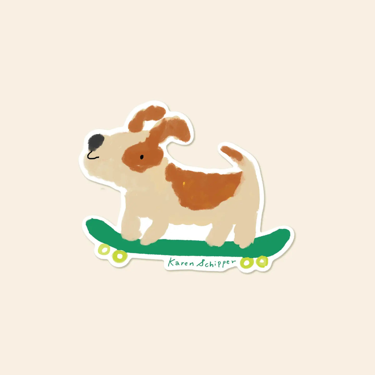 Karen Schipper Vinyl Sticker - Skateboard Dog
Playful and full of motion, Skateboarding Dog Sticker features an adorable pup cruising on a green skateboard in Karen Schipper’s whimsical illustrated style. The warm neutral palette mixed with fresh green and yellow gives this design an easy, cheerful appeal that stands out in sticker racks and giftable assortments.
Made from matte-coated, waterproof vinyl, it’s durable enough for laptops, planners, water bottles, and more. It’s an easy impulse add-on for ca
