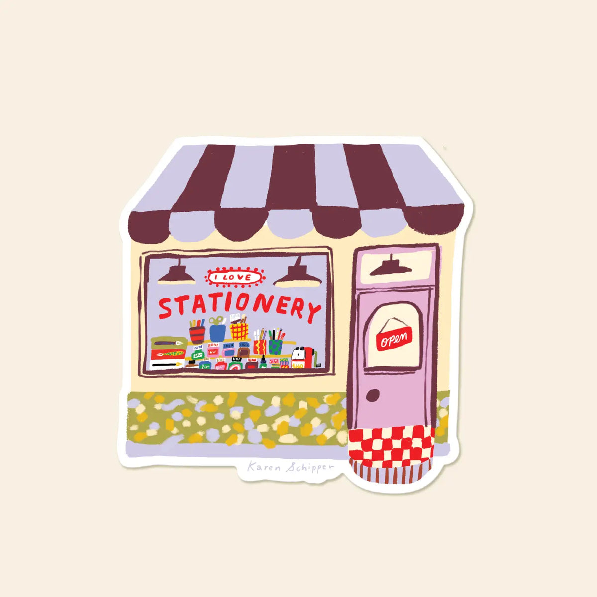 Karen Schipper Vinyl Sticker - Stationery Store
A tiny storefront made for paper lovers, Stationery Store Sticker features a charming shop with a striped awning, pink door, colorful window display, and the phrase “I love stationery.”
Made from matte-coated, waterproof vinyl, it’s durable enough for laptops, planners, water bottles, and more. It’s an easy impulse add-on for cat people, best friends, and shoppers looking for a small but meaningful gift.
Measures approximately 3 inches
Matte coating; durabl