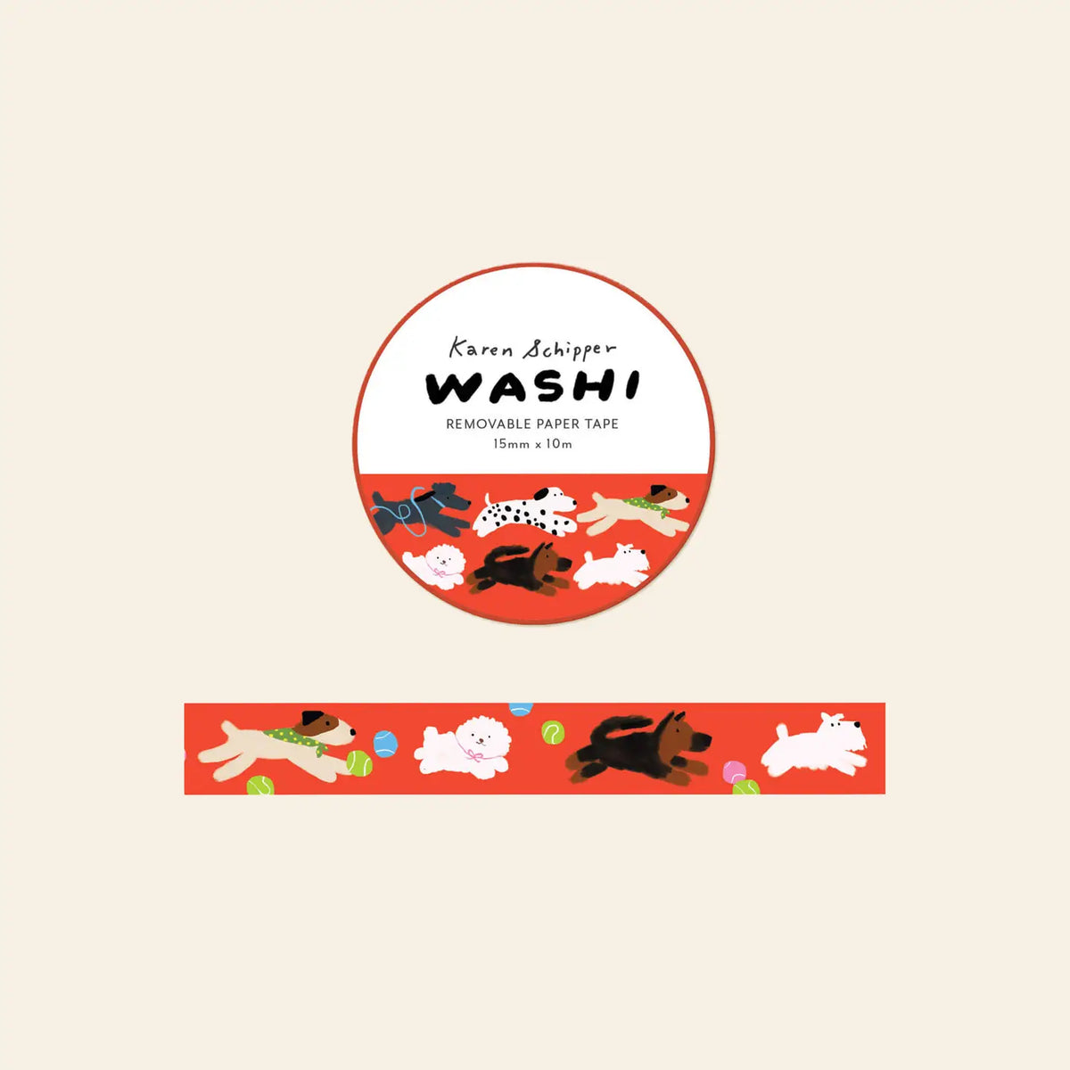 Karen Schipper Washi Tape - Dogs
Tennis balls, happy pups, and a bold red-orange background give the Dogs Washi Tape instant pet-lover appeal. This decorative paper tape feels fun, energetic, and easy to grab for dog-themed gifts, planners, packages, and everyday craft projects.
Tape dimensions: 15mm x 10m
Each tape is approx. 1.75” x 1.75” x 0.65”
Packaged in clear plastic with two round branded stickers on each side of the roll
Designed in the USA, made in China