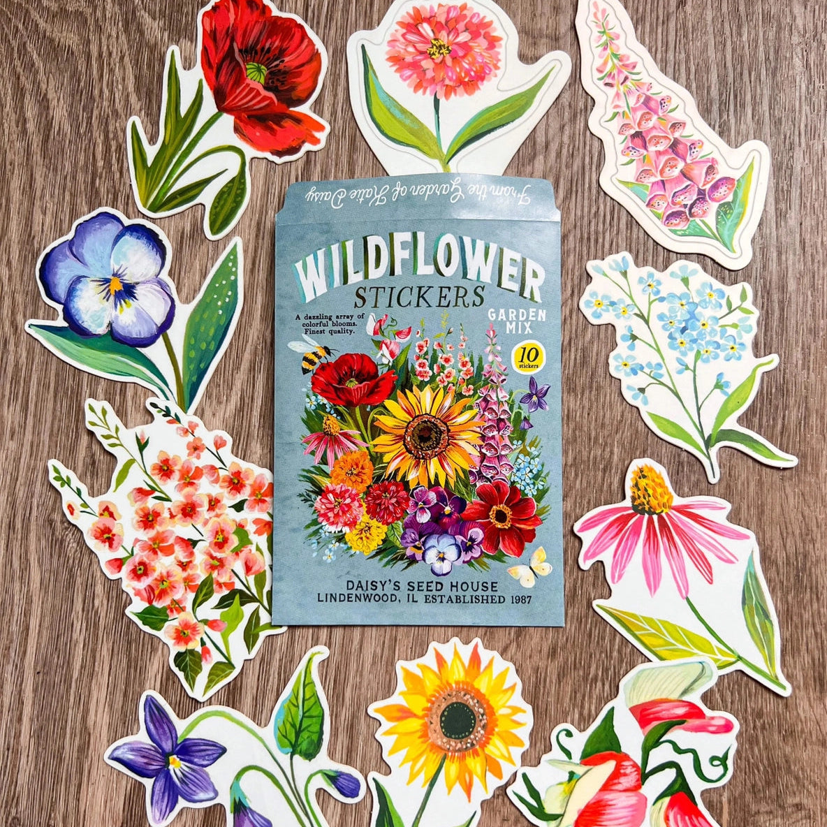 Wildflower Sticker Pack - Set of 10 Matte Stickers by Katie Daisy
From The Garden of Katie Daisy:
Adorn your laptop, water bottle, packages and so much more with this set of vibrant wildflower STICKERS!! You'll receive 10 floral stickers in a seed packet! (This listing is not for wildflower seeds ;) )