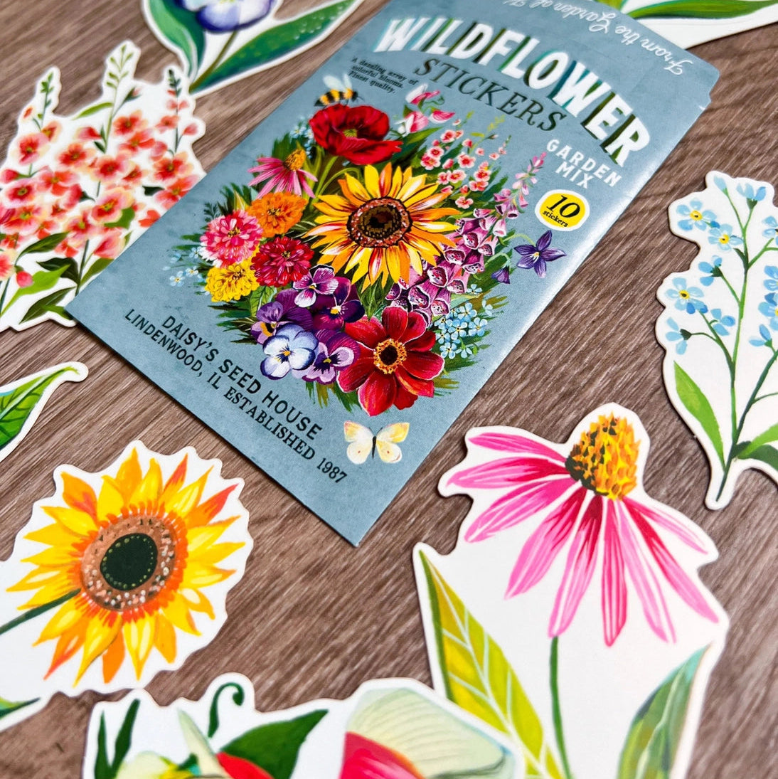 Wildflower Sticker Pack - Set of 10 Matte Stickers by Katie Daisy
From The Garden of Katie Daisy:
Adorn your laptop, water bottle, packages and so much more with this set of vibrant wildflower STICKERS!! You'll receive 10 floral stickers in a seed packet! (This listing is not for wildflower seeds ;) )