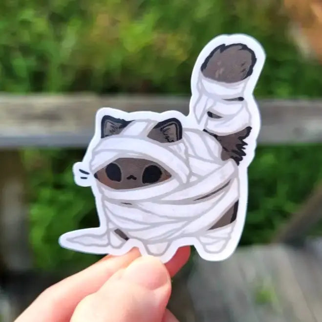 Katrina Wold Art - Tiny Cat Vinyl Sticker - Halloween Mummy