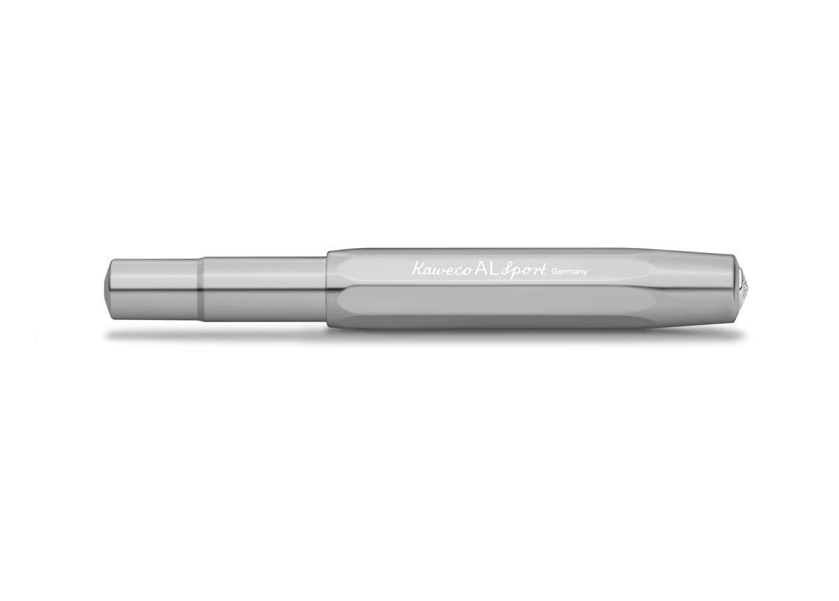 Thanks to the untreated aluminium, the AL Sport roller ball Raw quickly develops an individual patina.
The metallic body is made of high-quality aluminium and grants an unique haptic experience. Its fine surface imparts elegance.
The Kaweco Sport was created in 1911. The pocket-sized roller ball pen only measures 10.5 cm when closed, and grows to a standard size of 13 cm, when the cap is attached.
The invention of the rollerball made writing particularly easy and fluid. The ink flows continuously o