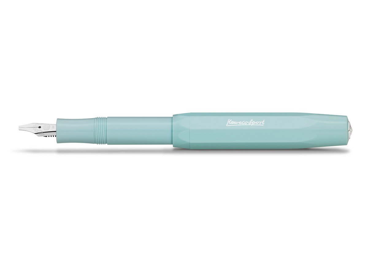 Kaweco Calligraphy Set - Mint
The timeless model of the Sport series in the large calligraphy set
The Calligraphy Sport Set includes a Kaweco Sport Fountain Pen in the color Mint, four front parts with different calligraphy nib sizes (1.1 mm, 1.5 mm, 1.9 mm and 2.3 mm), three protective caps for the interchangeable front parts, and two packs of Kaweco ink cartridges in the color Pearl Black.
In 1911, something special was created with the Kaweco Sport. The pocket fountain pen has a size of only 10.5 cm w