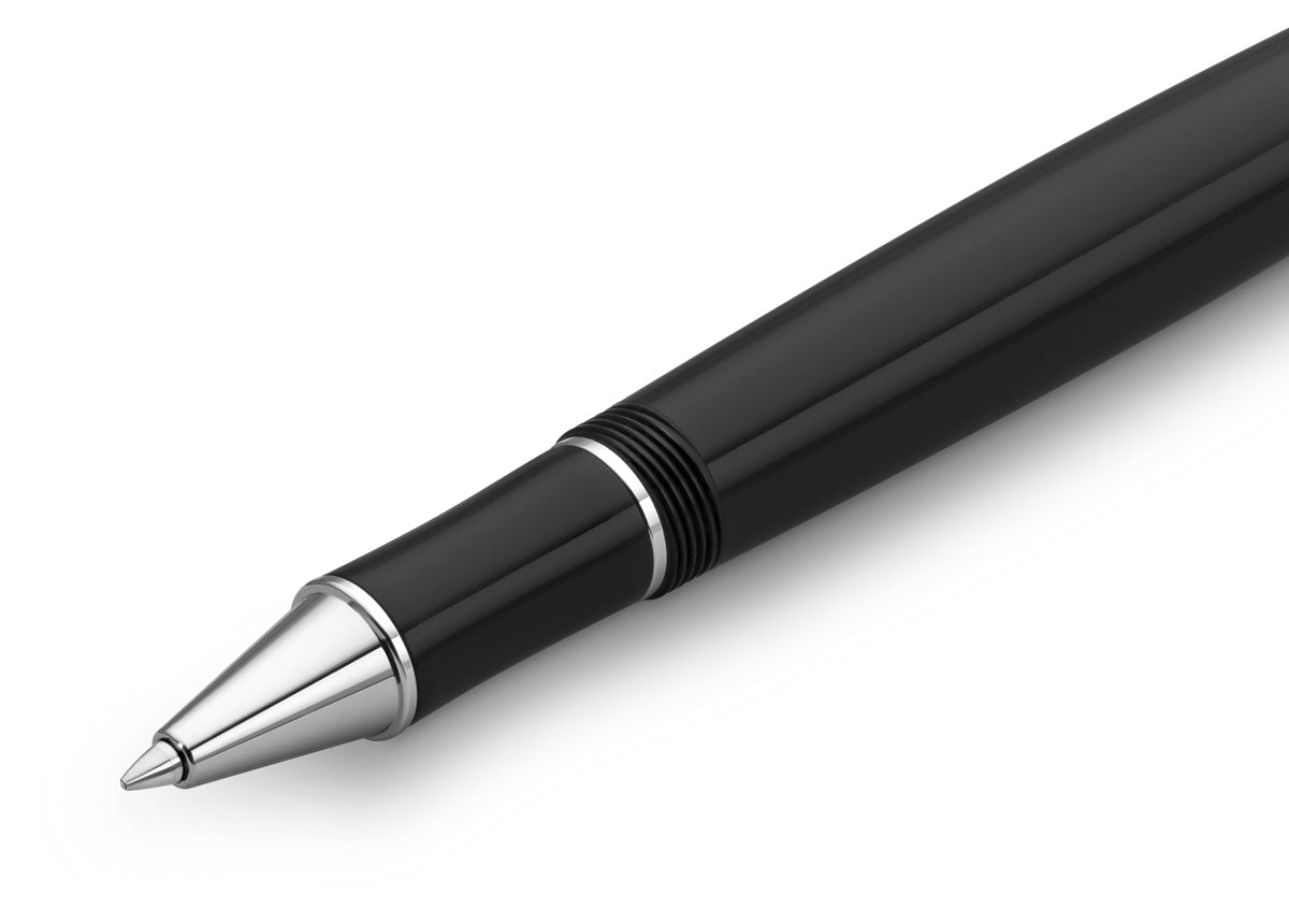 Luxurious roller ball in nostalgia design made of high-grade acrylic with elegant elements.
The decorative elements and proportions are based on those of the golden 1920s. This treasure of the German heyday of art, culture and science has been preserved in detail. The Gel Roller allows effortless writing and an exceptionally writing experience.
The roller ball consists of more than 15 individual parts. The pen lining is made of deep black acrylic (PMMA) and polished and assembled by hand.
The Kaweco DIA2
