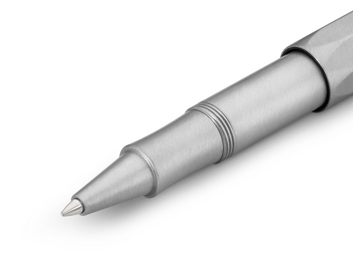 The latest technology of gel refill and ceramic ball combined with classic design made of stainless steel with a brushed finish.
This pocket roller ball pen has a length of only 10.5 cm when closed and grows to a standard size of 13 cm with the cap attached.
The raw stainless steel receives its elegance through a brushed finish. Due to the high weight, the writing instrument already presses slightly onto the paper by itself. This feature makes it possible for you to write longer and comfortably. In combin