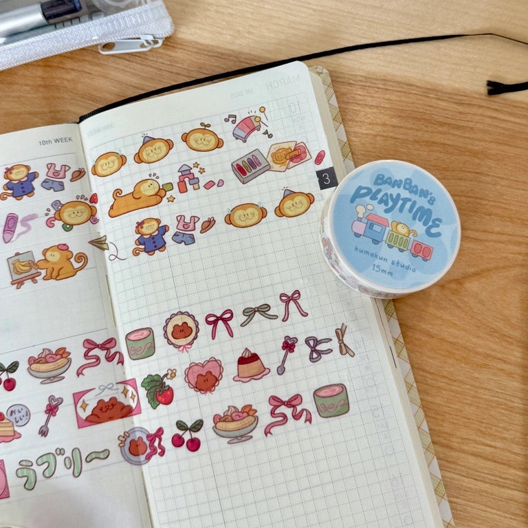 Kuma, BanBan, Shippo, and Dango in themed washi tapes of their own.
Lovely Kuma, BanBan’s Playtime, Lucky Shippo, and Dango’s Dreamy Deco
15mm washi tapes perfect for deco and using as stickers.