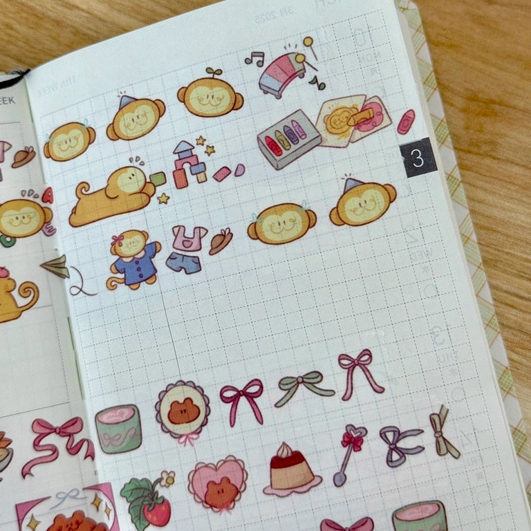 Kuma, BanBan, Shippo, and Dango in themed washi tapes of their own.
Lovely Kuma, BanBan’s Playtime, Lucky Shippo, and Dango’s Dreamy Deco
15mm washi tapes perfect for deco and using as stickers.
