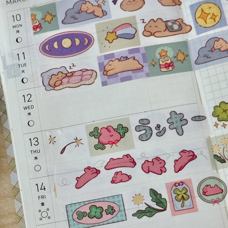 Kuma, BanBan, Shippo, and Dango in themed washi tapes of their own.
Lovely Kuma, BanBan’s Playtime, Lucky Shippo, and Dango’s Dreamy Deco
15mm washi tapes perfect for deco and using as stickers.