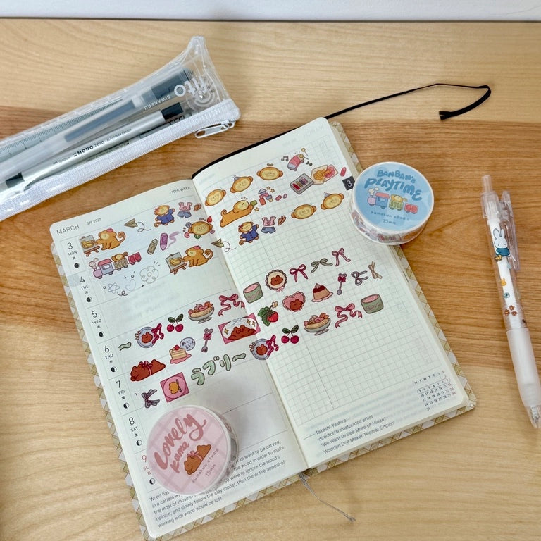 Kuma, BanBan, Shippo, and Dango in themed washi tapes of their own.
Lovely Kuma, BanBan’s Playtime, Lucky Shippo, and Dango’s Dreamy Deco
15mm washi tapes perfect for deco and using as stickers.