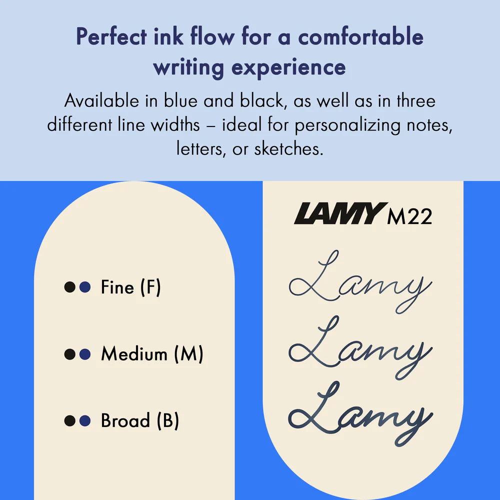 The LAMY M 22 metal ballpoint refill ensures smooth, consistent writing and a precise, refined writing style – perfect for everyday use. Available in blue and black – ideal for personalizing notes, letters, or sketches.
Compact ballpoint pen refill for LAMY pico and LAMY scribble / waterproof.
Includes 1 refill. 