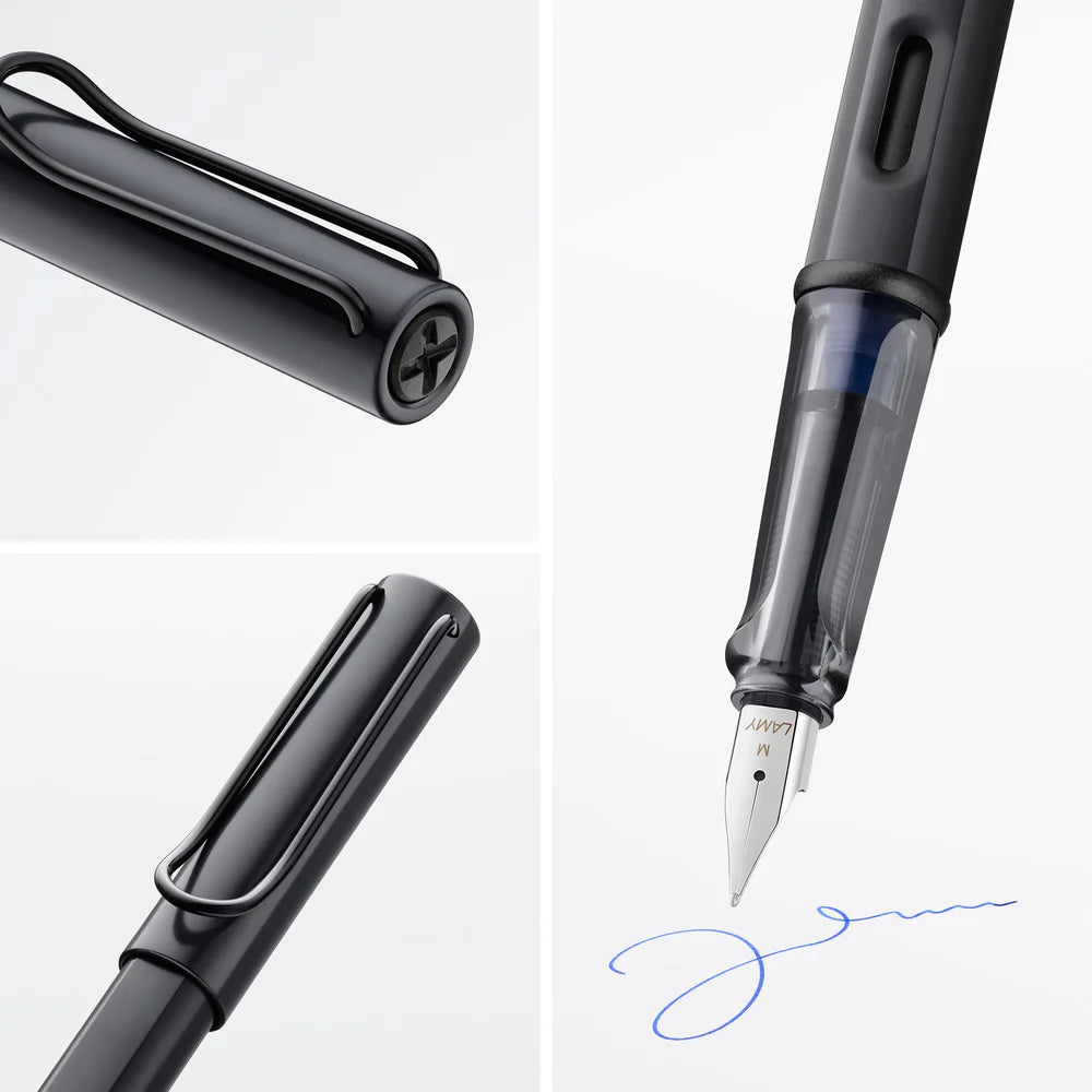 Light, lighter, LAMY AL-star: the writing classic made of resistant aluminium masters all challenges of everyday life in style. The transparent grip lies comfortably in the hand and, with an unobstructed view of the ink duct, turns the functional into a visual highlight. The series is ever inspiring with new special editions in current trendy colours and is thus an inspiring must-have in any pencil case.
Lightweight fountain pen with polished steel nib and ergonomic grip made of high-quality transparent pl