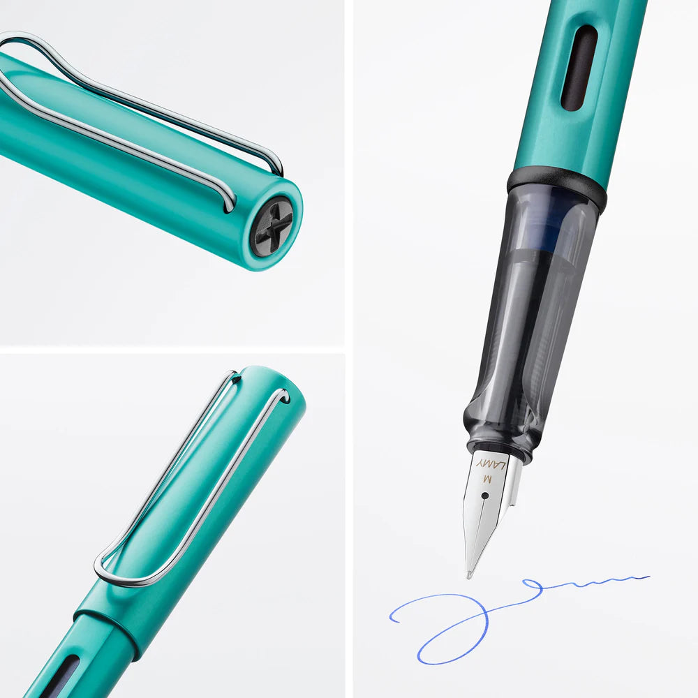 Light, lighter, LAMY AL-star: the writing classic made of resistant aluminium masters all challenges of everyday life in style. The transparent grip lies comfortably in the hand and, with an unobstructed view of the ink duct, turns the functional into a visual highlight. The series is ever inspiring with new special editions in current trendy colours and is thus an inspiring must-have in any pencil case.
Lightweight fountain pen with polished steel nib and ergonomic grip made of high-quality transparent pl