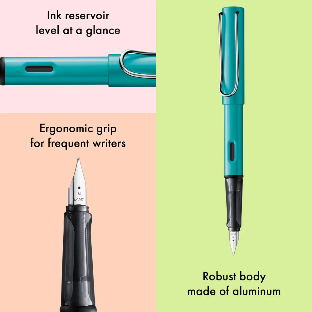 Light, lighter, LAMY AL-star: the writing classic made of resistant aluminium masters all challenges of everyday life in style. The transparent grip lies comfortably in the hand and, with an unobstructed view of the ink duct, turns the functional into a visual highlight. The series is ever inspiring with new special editions in current trendy colours and is thus an inspiring must-have in any pencil case.
Lightweight fountain pen with polished steel nib and ergonomic grip made of high-quality transparent pl