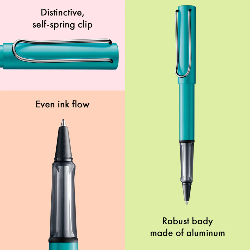 Light, lighter, LAMY AL-star: the writing classic made of resistant aluminium masters all challenges of everyday life in style. The transparent grip lies comfortably in the hand and, with an unobstructed view of the ink duct, turns the functional into a visual highlight. The series is ever inspiring with new special editions in current trendy colours and is thus an inspiring must-have in any pencil case.
Lightweight rollerball pen with ergonomic grip made of high-quality transparent plastic.
Distinctive m
