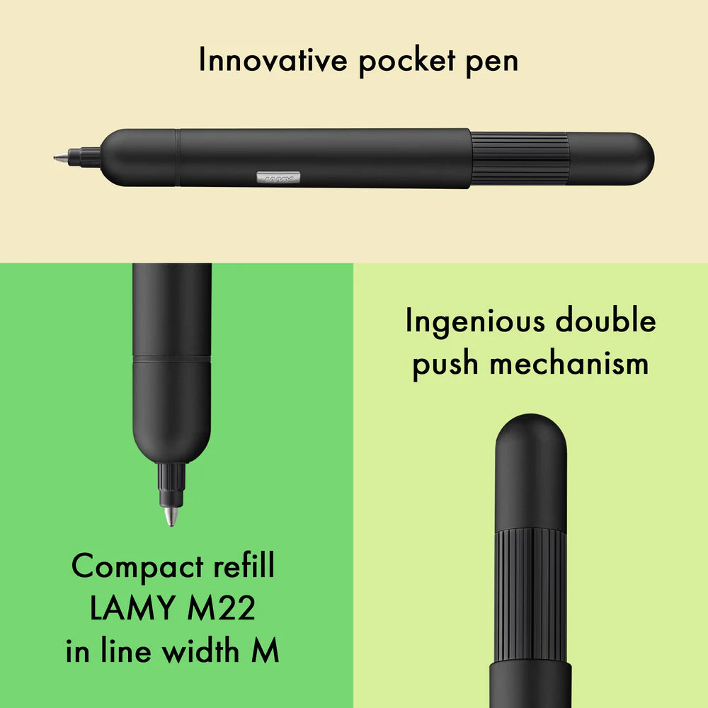 Innovative pocket pen full of transformative power.
The LAMY pico reaches unimagined greatness under pressure: the innovative pocket pen transforms into a full-size biro with just one finger movement thanks to an ingenious double push mechanism inside. Strikingly different and surprising, it brings a piece of innovation to even the smallest pencil case or even trouser pocket as a handy everyday companion.
Matte black lacquer finish with 1 refill of LAMY M 22 M black