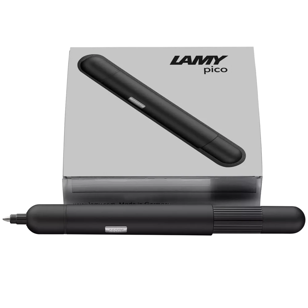 Innovative pocket pen full of transformative power.
The LAMY pico reaches unimagined greatness under pressure: the innovative pocket pen transforms into a full-size biro with just one finger movement thanks to an ingenious double push mechanism inside. Strikingly different and surprising, it brings a piece of innovation to even the smallest pencil case or even trouser pocket as a handy everyday companion.
Matte black lacquer finish with 1 refill of LAMY M 22 M black