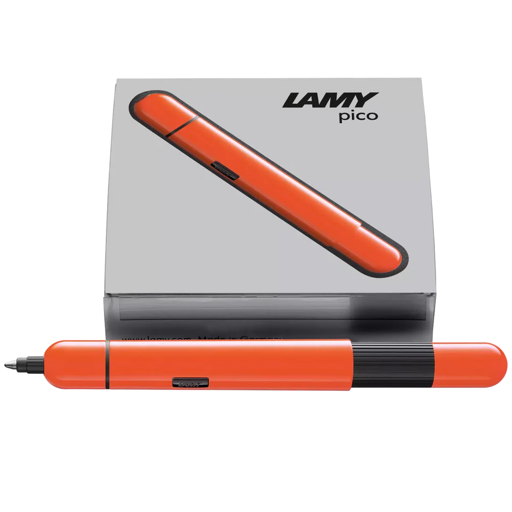 Innovative pocket pen full of transformative power.
The LAMY pico reaches unimagined greatness under pressure: the innovative pocket pen transforms into a full-size biro with just one finger movement thanks to an ingenious double push mechanism inside. Strikingly different and surprising, it brings a piece of innovation to even the smallest pencil case or even trouser pocket as a handy everyday companion.
Shiny neon orange lacquer finish with 1 refill of LAMY M 22 M black