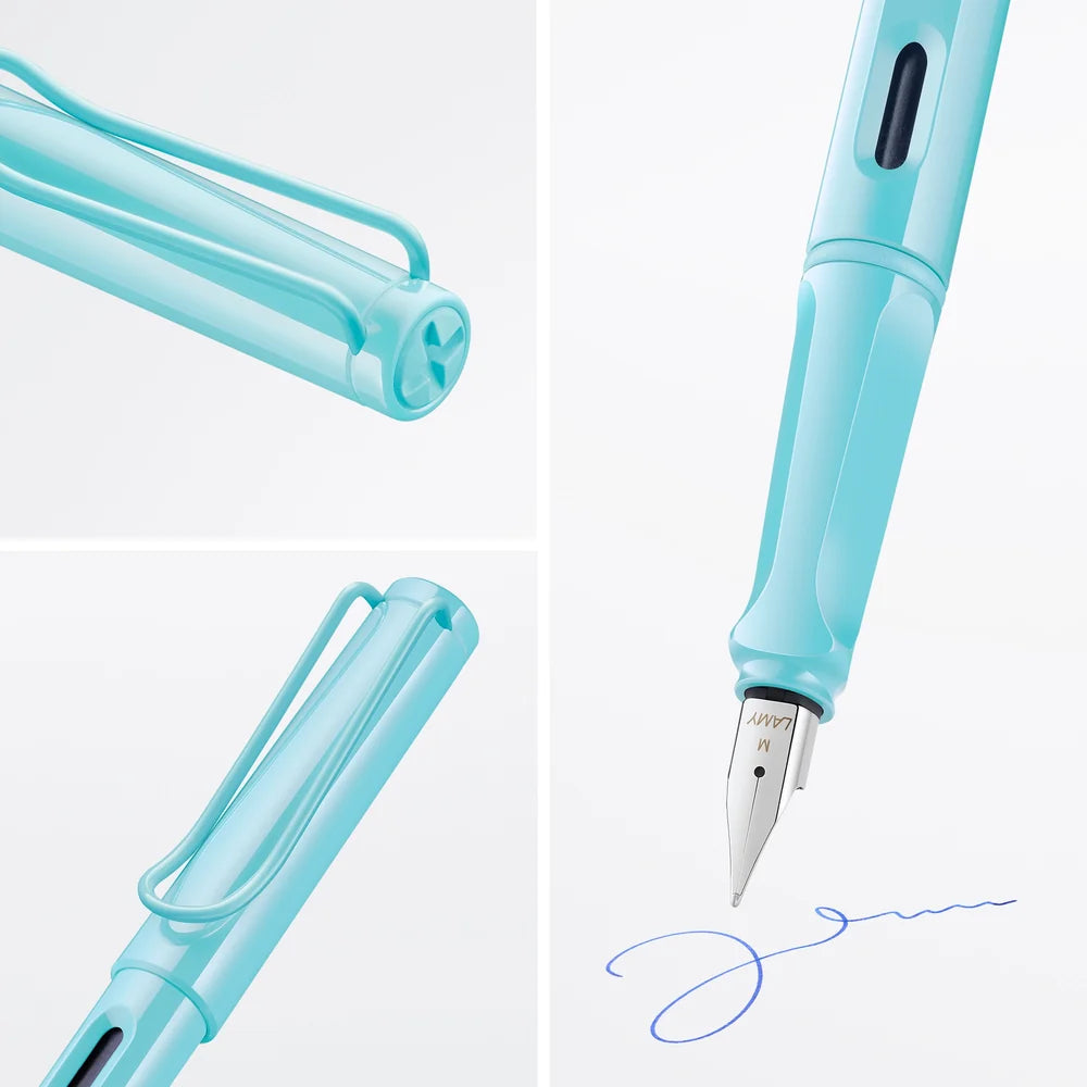 LAMY Safari Fountain Pen - Aquasky
Fountain pen, icon, global success: the LAMY safari has been a beloved classic since its introduction in the 1980s and enjoys a cult status untypical for a writing instrument. Countless colours and ever-changing special editions make hearts beat faster - whether for the pencil case or the carefully curated fountain pen collection.
The LAMY safari is more than the sum of its details: it is aesthetic, robust and individual. The distinctive, self-sprung clip keeps the writi