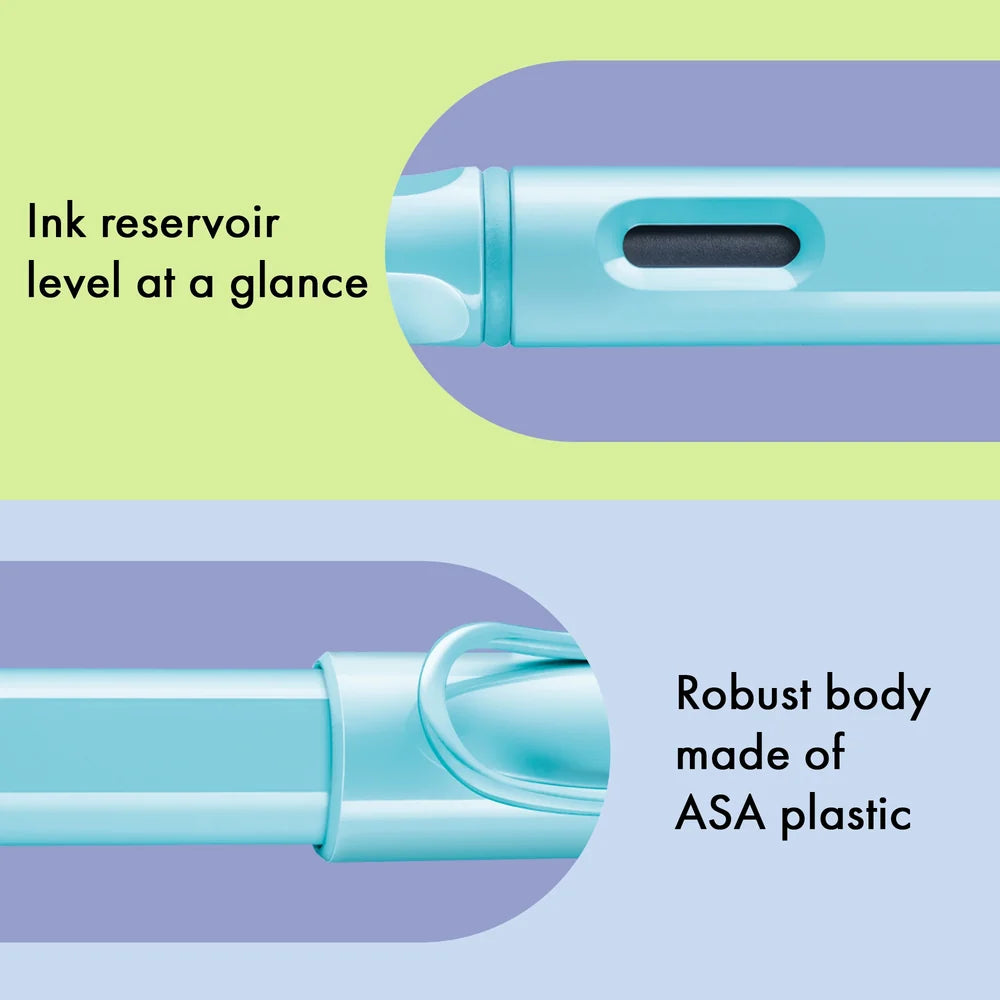 LAMY Safari Fountain Pen - Aquasky
Fountain pen, icon, global success: the LAMY safari has been a beloved classic since its introduction in the 1980s and enjoys a cult status untypical for a writing instrument. Countless colours and ever-changing special editions make hearts beat faster - whether for the pencil case or the carefully curated fountain pen collection.
The LAMY safari is more than the sum of its details: it is aesthetic, robust and individual. The distinctive, self-sprung clip keeps the writi
